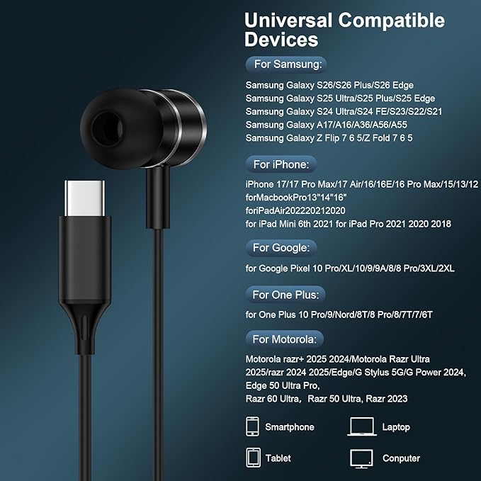 for Samsung Earbuds USB C Wired Ear Buds Compatible Glaxy S26 Ultra S26 S25 FE S25 Ultra A36 A56 A17 A56 A16 S24,Type C in-Ear Headphones Earphone Headset with Microphone for iPhone 17 Pro Max Air 16