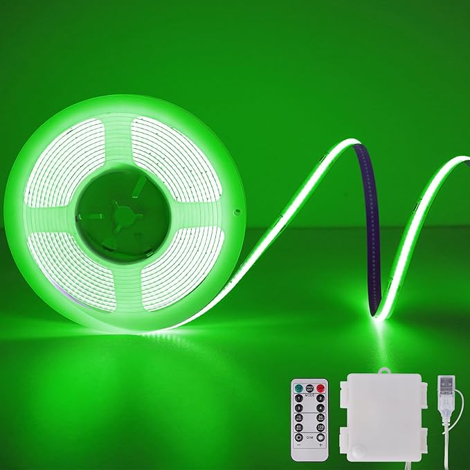 Green COB LED Strip Lights Battery Powered with Remote, 6.56FT 640LED Light Strip Dimmable Cuttable Flexible Wireless LED Tape Light for Cabinet, Boat, Car, Computer, TV backlighting, Holidays Party