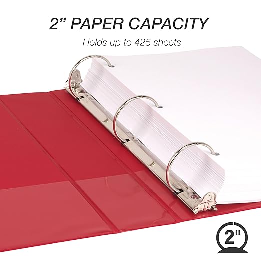 Samsill 2 Inch 3 Ring Binder, Made in USA, Economy Round Ring, Clear View Cover, 425 Sheet Capacity - for School, Home, Office - Ruby Red