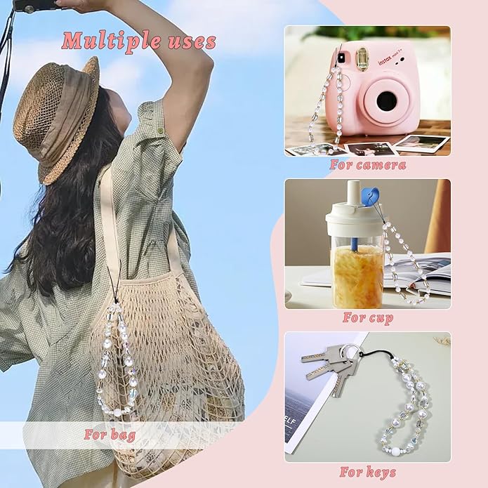 Pink Beaded Phone Wrist Straps, Y2K Phone Case Charms Camera Charm Strap, Lanyard Keychain Wristlet Aesthetic Cellphone Charm