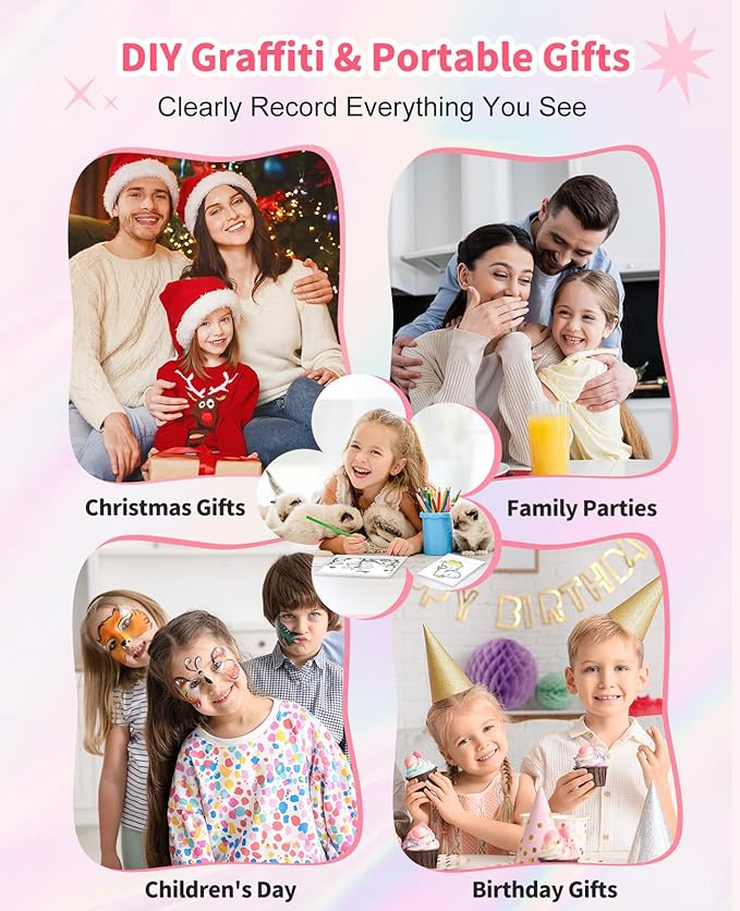 Kids Camera Instant Print, 48MP Dual-Lens Digital Camera for Girls Boys Christmas Birthday Gifts, 1080P Selfie Instant Cameras for Kids Video, Portable Toddler for 4-12 Years Old with 32GB Card-Pink