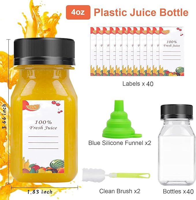 OBKJJ 40 pcs 4oz Pcs Juice Bottles, Juice Bottle with Caps Reusable Empty Clear Bottles with Label, Funnel, Brush Bulk Beverage Containers for Juicing, Drinking, Smoothie and Other Beverages (4-OZ)