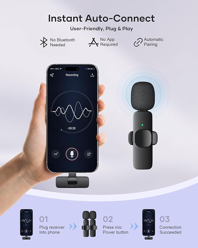 Wireless Lavalier Microphone, 2 Pack Lapel Mic Plug and Play Wireless Mic Noise Reduction Microphone