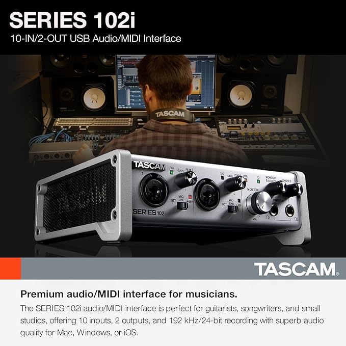 Tascam SERIES 102i 10 IN/2 OUT USB Audio Interface with MIDI, DAW Recording Software for Songwriting, Podcasting, Recording,Silver