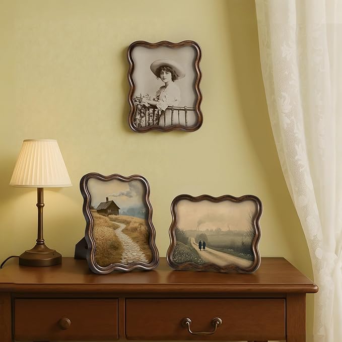 Afuly 8x10 Picture Frame Wood Vintage Natural Curved Photo Display Rustic Wavy Scalloped Brown Antique Home Decor Wall Hanging Tabletop Unique Anniversary Birthday for Family Friends Mom Grandma