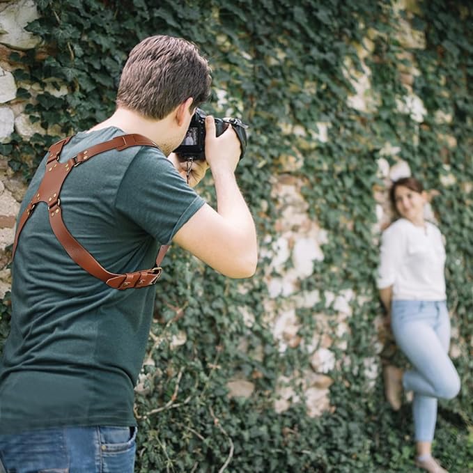 Bebaimis Dual Camera Harness Strap for Two-Cameras,Dual Shoulder Leather Camera Strap,Double Camera Harness for DSLR/SLR