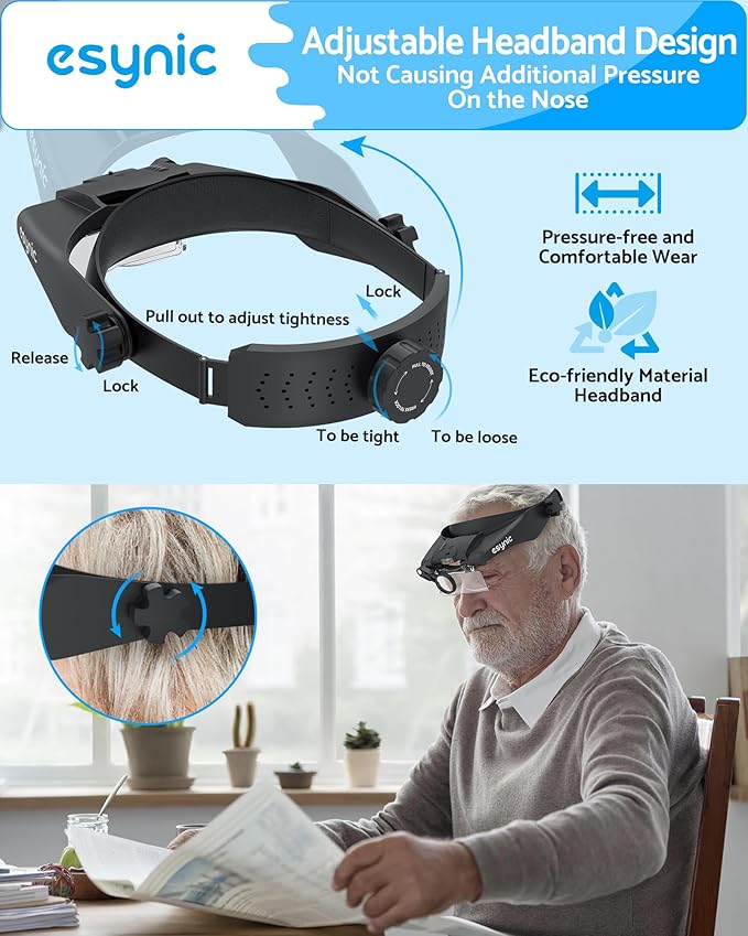 eSynic Head Magnifier 1.5X-14.5X with 5 Acrylic Lenses &2 LED Lights Wide Field of View Comfortable Headband Magnifying Glasses with Rechargeable Battery Alert for Reading Crafts Jewelry Repair