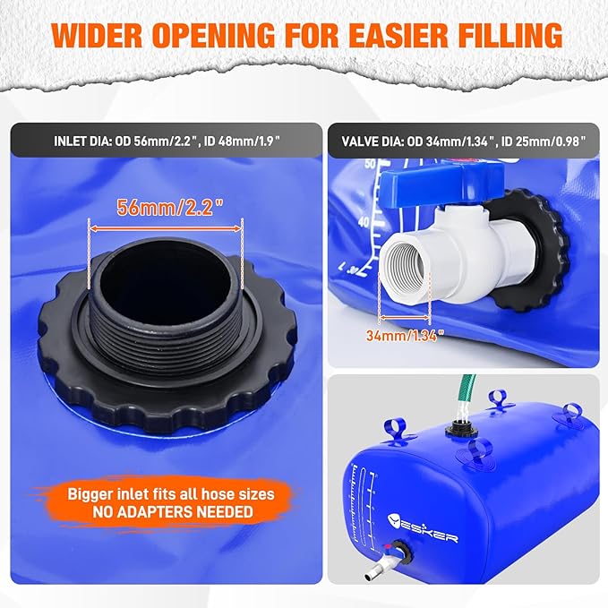 Yesker Portable Water Storage Bladder 30 Gallon – Heavy-Duty 1000D PVC Foldable Water Bladder Tank with 3/4" PVC Spigot for Garden, Camping & Car Use, Blue