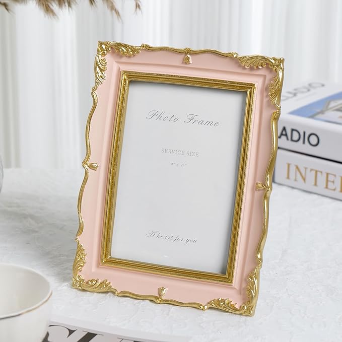 Cuspin 4x6 Vintage Picture Frame Pink and Gold Frame, 4 by 6 Photo Frames Ornate Textured Hand-Crafted Resin with Glass Front for Tabletop Display and Wall Hanging, Retro Design Home Decor