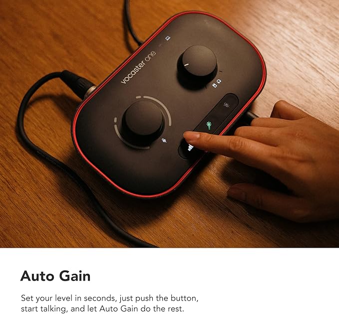 Focusrite Vocaster One — Podcasting Interface for Recording as a Solo Creator. Use Auto Gain, Enhance, and Mute for Easy Podcasting. Small, Lightweight, and Powered by Computer