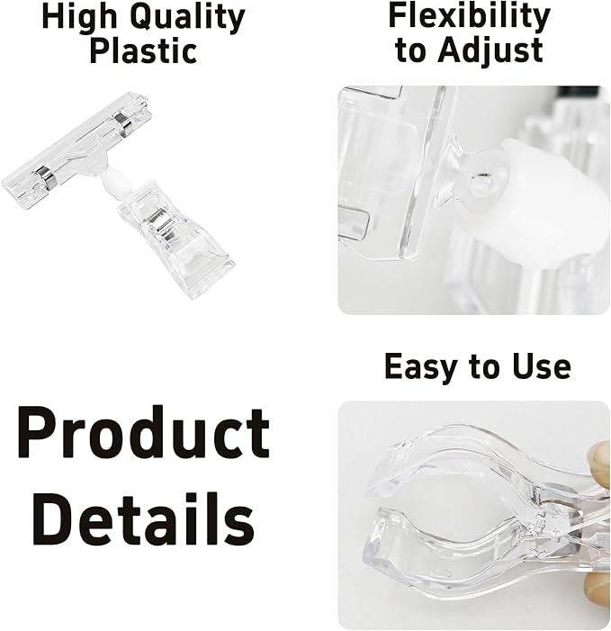 PDETVEO 60PCS Plastic Sign Holder Clips, Rotatable Price Signs Double Display Clips, Retail Cards Clips for Merchandise/Retailers