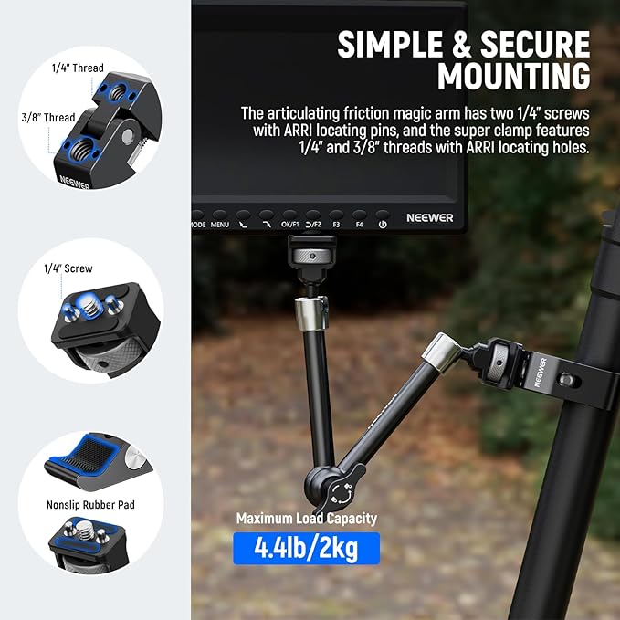 Neewer 11" Articulating Magic Arm Clamp Mount with Super Clamp, Camera Monitor Mount with 1/4" 3/8" ARRI Locating Pins & Holes for DSLR Action Camera Video Light Compatible with SmallRig Cage, ST16C