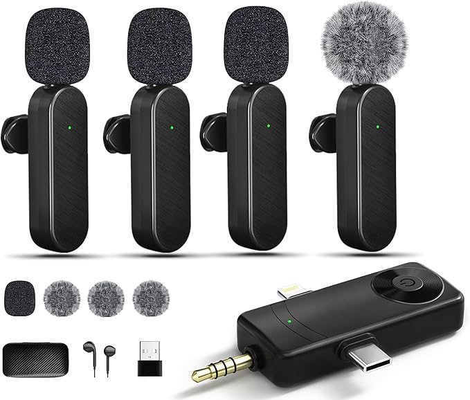 Wireless Lavalier Microphones Compatible for iPhone, Android Phone, Camera, Computer, Professional Wireless Mini Microphone for Video Recording, Vlog, YouTube, TikTok (4 Mics)
