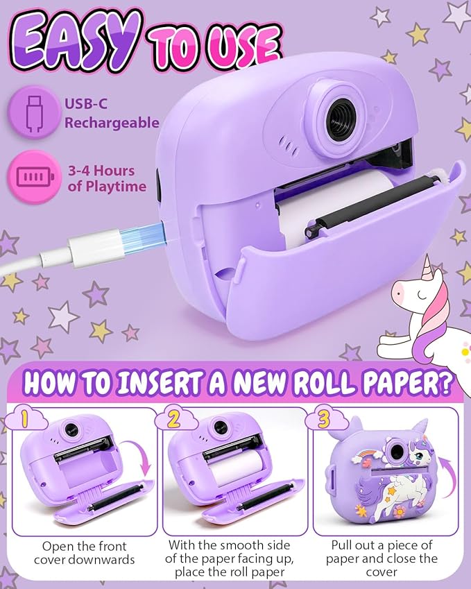 Kids Camera Instant Print, 1080P Kids Instant Cameras with Photo Printing and Fun Learning, Christmas Stuffers Birthday Gifts for Girls Age 3-12, Portable Toy for 3 4 5 6 7 8 9 10 Girls Boys, Purple
