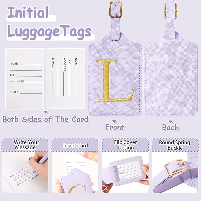Personalized Initial Luggage Tags for Suitcases, Cute PU Leather Embroidered Letter Travel Luggage Tags, Suitcase Identifier Name Baggage Tag, Bag Tags for Men Women Kids Luggage Handbags(Purple L)