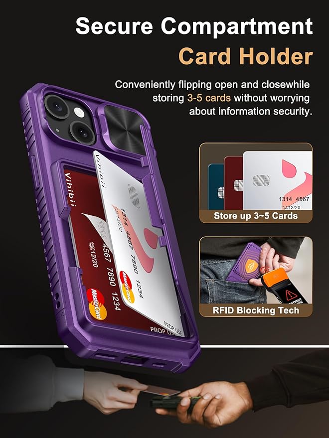 Vihibii for iPhone 15/14/13 Wallet Case, Built-in Card Holder (4 Cards), RFID Blocking & Slide Camera Cover, Military Grade Drop Protection, Rugged Hard Phone Case, Dark Purple