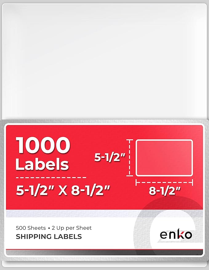 enKo 5-1/2 x 8-1/2 Inch Label - White Blank - 2 Per Sheet Half Shipping Labels for Laser Inkjet Printer (500 Sheets, 1000 Labels)