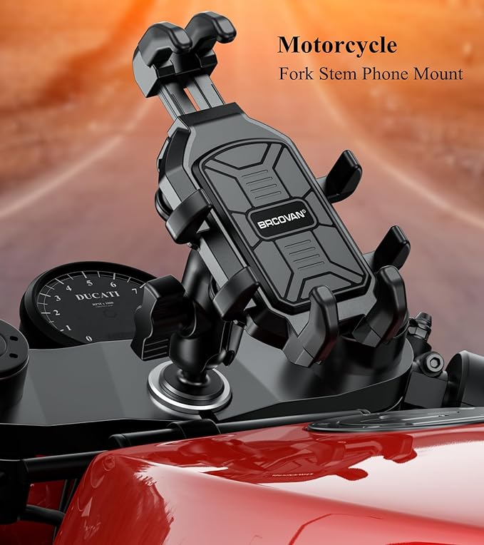 BRCOVAN Motorcycle Fork Stem Phone Mount Holder with Vibration Dampener, Heavy Duty Cellphone Cradle Fit Stem Tubes 12mm-25.4mm in Diameter, Adjustable for 5.4-6.9'' Smartphone