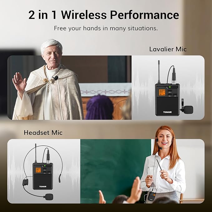 TONOR UHF Wireless Microphone System with Headset Lavalier Lapel Mic, Bodypack Transmitter, Rechargeable Receiver, 15 Channels 60 m/200ft Range 1/4" Output for Recording, 1 Bodypack Mic