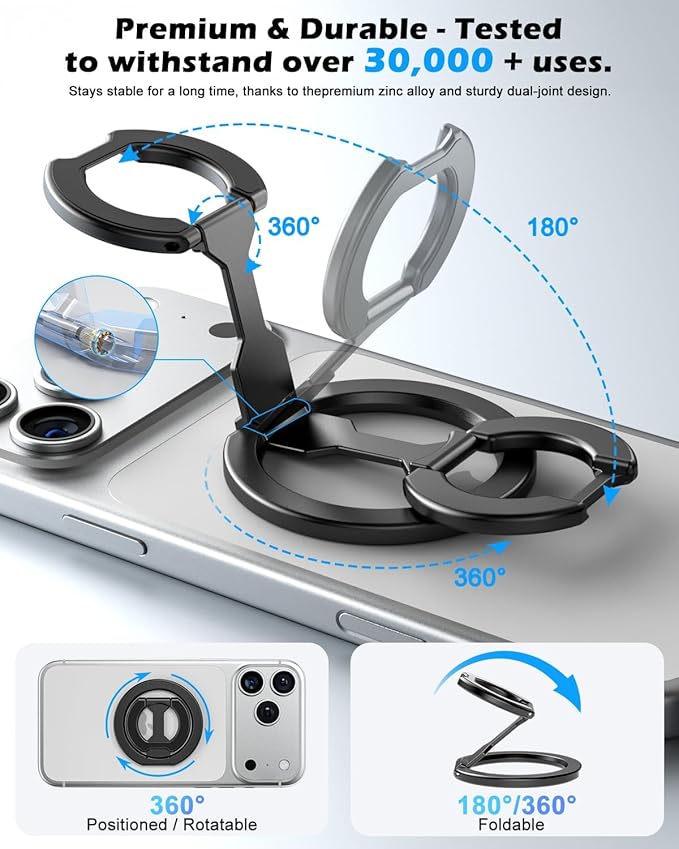CloudValley for Magsafe Phone Grip Holder - Adjustable Dual-Sided Magnetic Finger Ring Stand 4-in-1, Compatible with iPhone 17/16-12 & MagSafe Car Mounts, Black