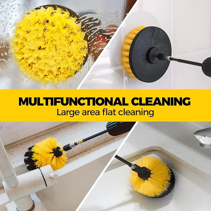 Holikme 8 Piece Drill Brush Attachment Set, Power Scrubber with Extend Long Handle, Cleaning Supplies for Shower, Bathtub, Bathroom, Kitchen (White)
