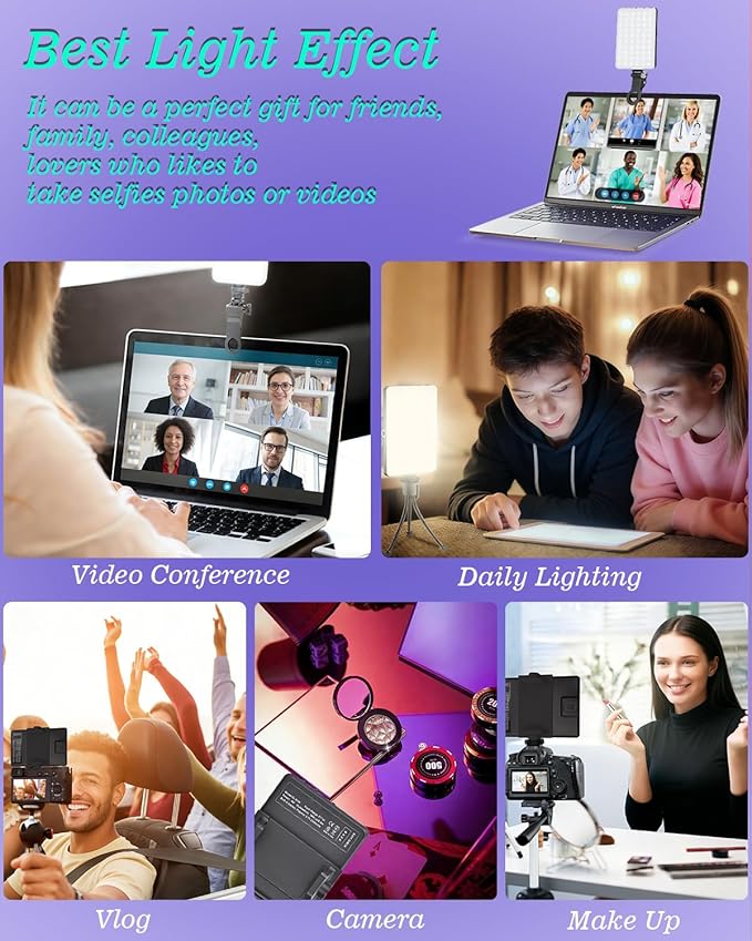 60 LED Portable Selfie Light Video Conference Lighting with Clip & Camera Tripod Adapter Rechargeable 2000mAh CRI 97+, 3 Light Modes for Phone iPhone Webcam Laptop Photo Makeup