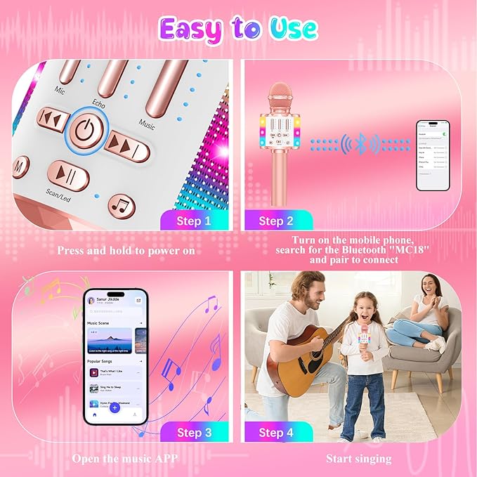 Karaoke Microphone Toys for Kids, Wireless Bluetooth Mic with Lights & Speaker, Portable Home KTV Player System, Perfect Birthday Party for 3-12 Year Old Boys & Girls