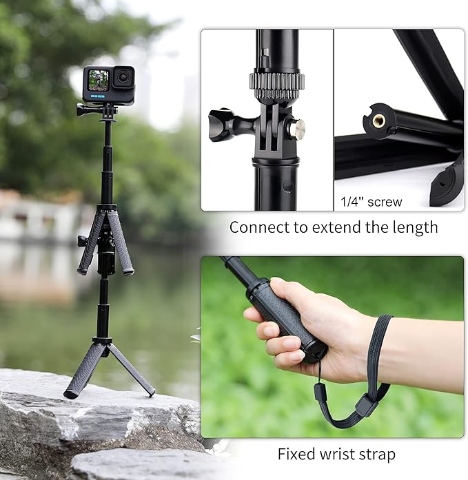 YALLSAME Mini Selfie Stick Tripod for GoPro Hero 13 12 11 10 9 8, Portable Handle Grip Action Camera Selfie Stick for DJI Osmo Action 6/5 Pro/4/AKASO Brave EK7000, Extension Pole Tripod for GoPro Max