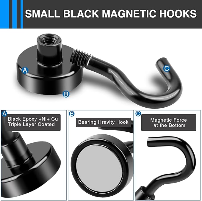 LOVIMAG Magnetic Hooks, 12 Pack 30lbs+ Magnet Hook 2026 Cruise Cabin Ship Essentials Heavy Duty Strong Magnets Refrigerator Fridge Hanging for Classroom Beach Vacation Kitchen Grills (Black)