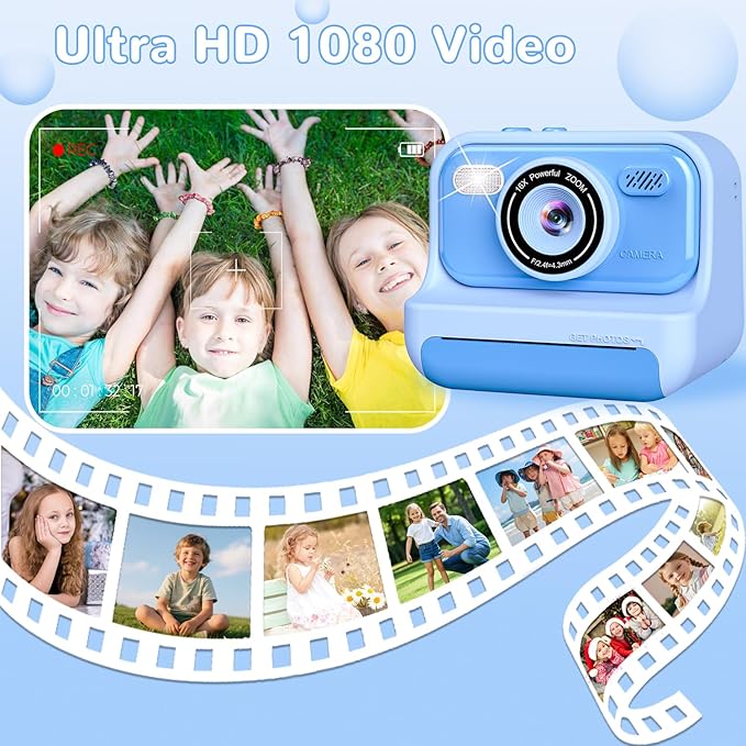 Kids Toys Instant Print Camera, Christmas Birthday Gifts for 3 4 5 6 7 8 9 10 Year Old Boys and Girls, 2.4 Inch Screen Kids Instant Cameras, Portable Toddler Travel Toys, Blue