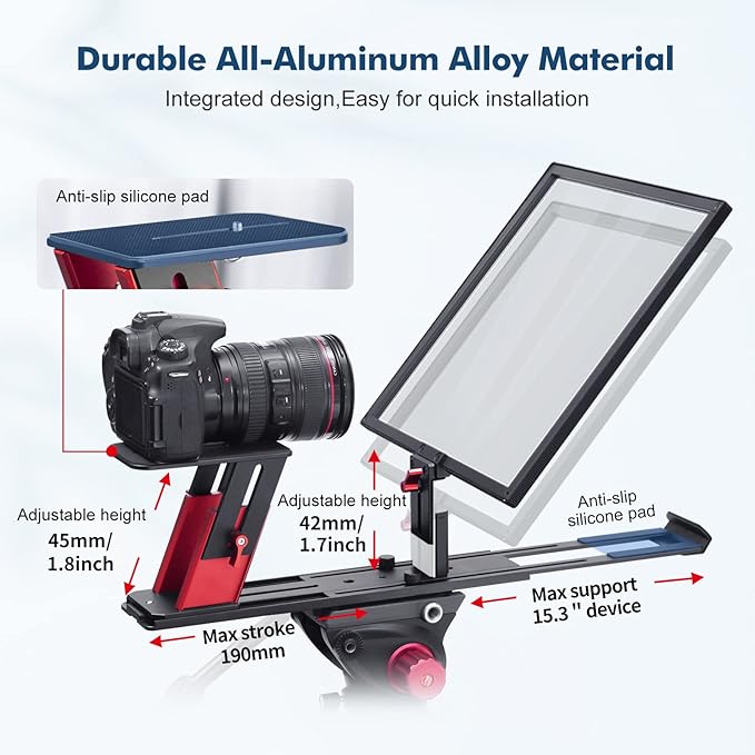 Desview TP150 teleprompter 15 inch High Display Mirror Aluminum Alloy Teleprompter with Remote Control Compatible with ipad DSLR Camcorders Easy Assembly with Carry Case for Video Making