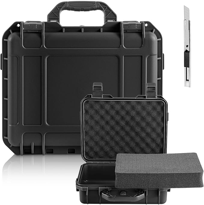 Relaxweex 1 Pcs 11 x 9 x 6 Inch Waterproof Hard Case with DIY Customizable Foam Insert Portable Protective Case with Knife for Camera Drones Equipments Tools Test Instruments (Black)