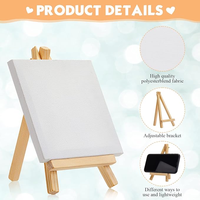 Mimorou 32 Pack 4 x 4 Inch Mini Canvases with Easel Sets for Painting Valentine's Day Craft Gifts Small Art Stretched Canvases Panels Pack with Wood Display Easel for Kids Classroom Crafts Easter