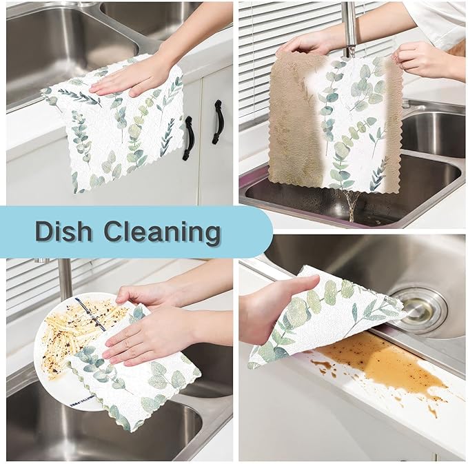 CaTaKu Eucalyptus Kitchen Dish Cloths for Washing Dishes Reusable Cleaning Cloth Dish Towels Microfiber Washcloths Dish Rags for Kitchen,6 Pack