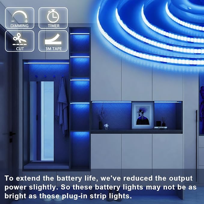 Blue COB LED Strip Lights Battery Powered with Remote, 6.56FT 640LED Light Strip Dimmable Cuttable Flexible Wireless LED Tape Light for DIY Display, Back Light Design, Kitchen, Boat, Car Decoration