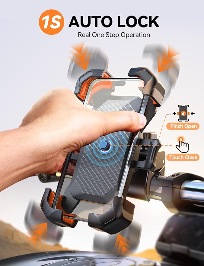 JOYROOM Motorcycle Phone Mount, [1s Auto Lock][100mph Military Anti-Shake] Bike Phone Holder for Bicycle, [10s Quick Install] Handlebar Phone Mount, Compatible with iPhone, Samsung, All Phone, Orange
