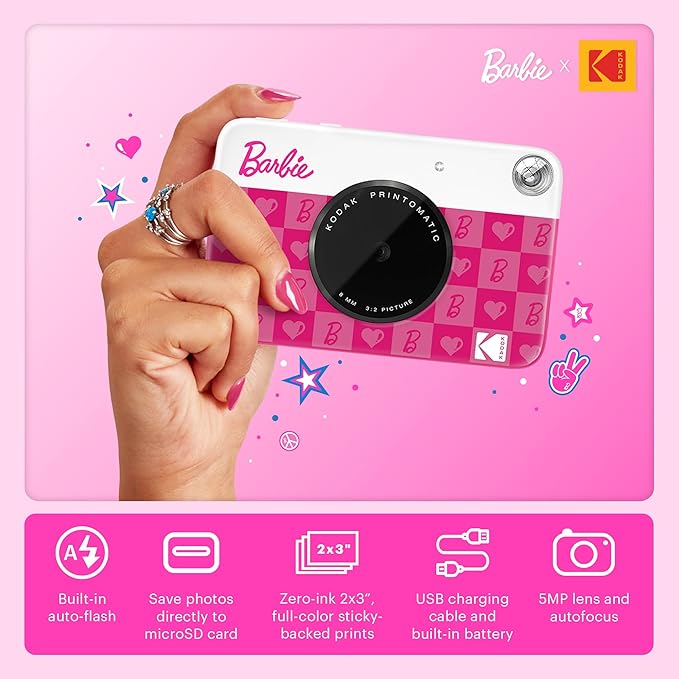 Kodak x Barbie Printomatic Full-Color Instant Print Digital Camera Barbie Starter Bundle (Iconic Style)+ Barbie Deluxe Camera Case + Zink Paper (20 Sheets)
