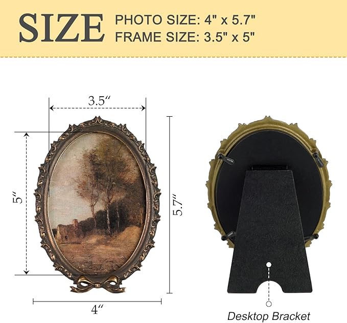 NIKKY HOME Vintage Photo Frame 4x5, Antique Oval Picture Frames, Bronze Gold Decorative Photo Frame with Stand and Glass Front for Tabletop Photos Display Gift Ideas