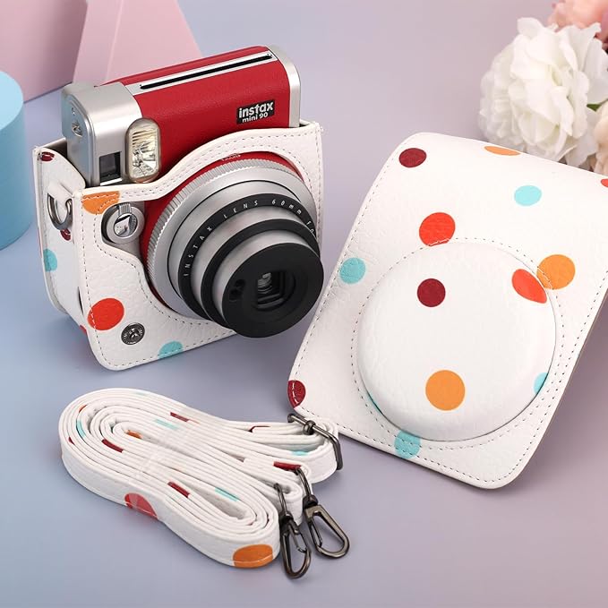 Frankmate Protective Case for Fujifilm Instax Mini 90 Instant Camera, Polka Dots PU Leather Camera Bag with Pocket and Adjustable Shoulder Strap