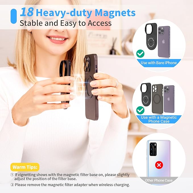 JJC 49mm Magnetic Lens Filter Mount Adapter for iPhone 13 Pro 14 Pro 15 Pro with MagSafe Case, Magnetic Filter System with Cold Shoe Mounts & Anti-Reflection Silicone Lens Hood (Filters Not Included)