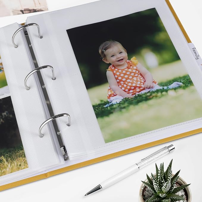 1DOT2 Photo Album 4x6 Photos Hold 200 or 5x7 Pictures Hold 100, 3 Ring Binder Photo Albums Linen Cover with 6-Tab Index Dividers Photo Book Acid Free Albums 4x6 5x7 for Wedding Baby (Indian Yellow)