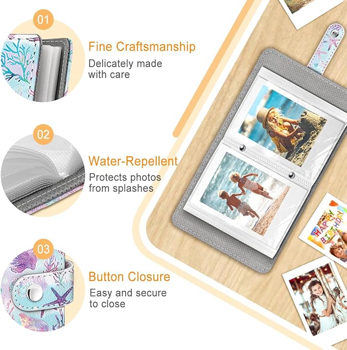 Lebrocoli Seashell Starfish Small Photos Album for 2x3 Inch Films, 56 Pockets Mini Cute Albums Book for Polaroid Fujifilm Instax Mini Instant Camera Printer, Kpop Photocard Pictures Binders Holders