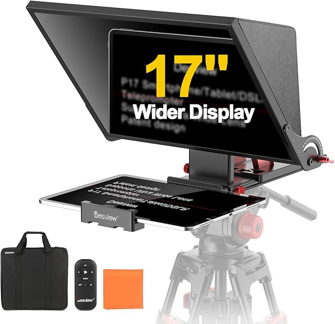 Desview P17 Portable Teleprompter for Camera Video Recording, Foldable Auto-Scrolling Prompter with Wireless Remote Sunshade & Tripod Mount Compatible with iPhone Android Tablet