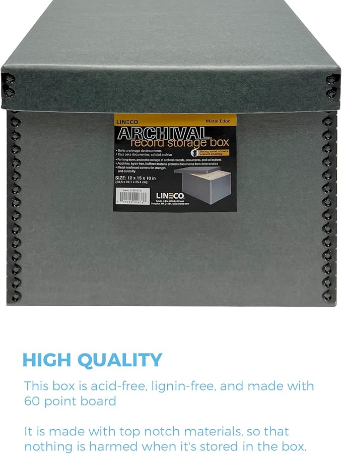 Lineco Record Storage Box 12x15x10 inch. Extra-Durable Filing Archival Cartons for Long-Term Storing of Important Documents, Papers, Photos or Prints. Acid-Free Gray Boxboard, 2 Pack