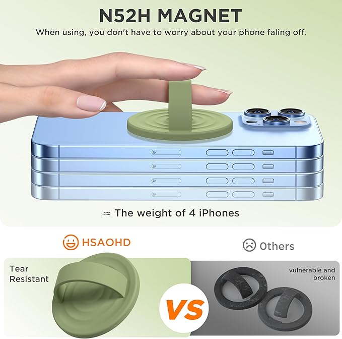 Upgraded Magnetic Phone Grip, Liquid Silicone Soft and Portable, Removable Finger Loop Ring Grip Holder for iPhone, Strong Magnetic Attraction, Compatible with MagSafe Phone Case, Tea Green
