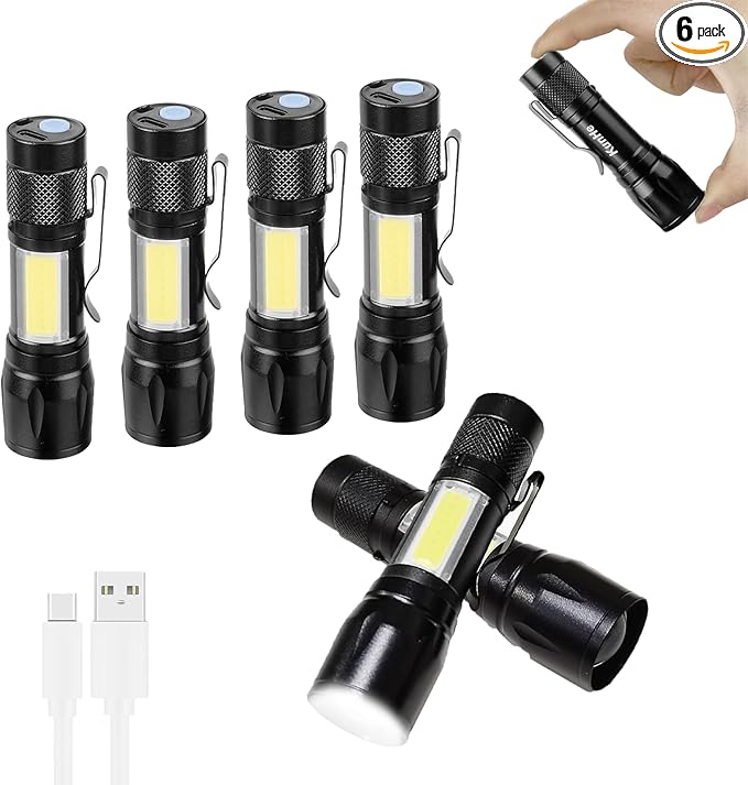 KunHe 6 Pack USB Rechargeable Mini Small LED Flashlights Bulk Camping Lantern Flashlight Bright High Lumens EDC Flash Light