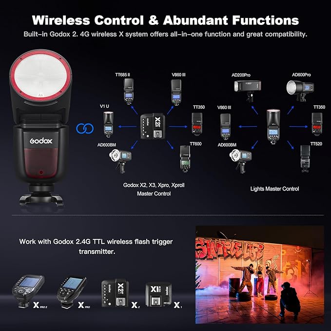 Godox V1F V1 F Round Head Speedlite for Fuji TTL Hot Shoe Flash 2.4G X Wireless HSS 1/8000s 2980mAh Lithium Battery LED Modeling Lamp Shot speedlight with Tri-Color Diffuser(USA Version)