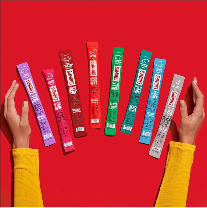 Chomps Grass-Fed and Finished Sea Salt Beef Jerky Snack Sticks 10-Pack - Keto, Paleo, Whole30, 10g Lean Meat Protein, Gluten-Free, Zero Sugar Food, Non-GMO