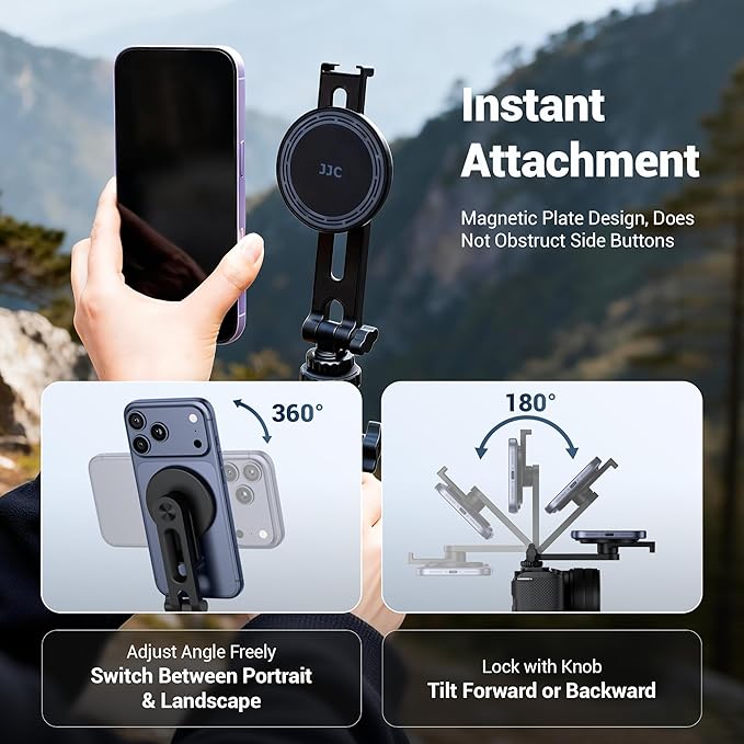 Magnetic Camera Cold Shoe Phone Tripod Mount Holder with Rotatable Cold Shoe & 1/4"-20 Hole,Adjustable Cell Phone Tripod Adapter Attachment for Magsafe iPhone 17 16 15 14 13 12 Pro Max Live Streaming