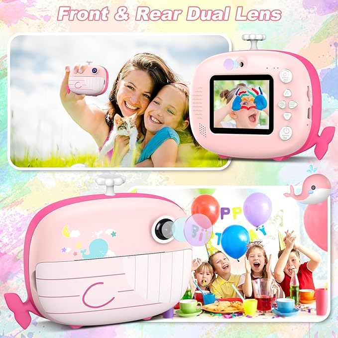 Kids Instant Print Camera - 12MP Ink Free Printing for Kids Aged 3-10 - Selfie Camera for Boys & Girls - Pink
